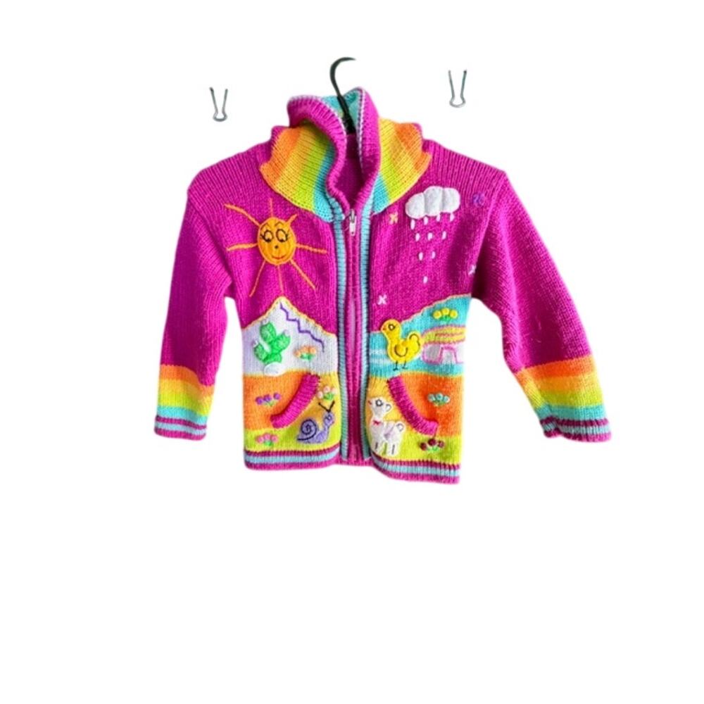 Hand-Knit Peruvian Style Kids Sweater | Llama, Sun, & Mountain Design | Size 6